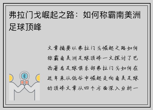 弗拉门戈崛起之路：如何称霸南美洲足球顶峰