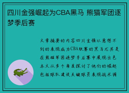四川金强崛起为CBA黑马 熊猫军团逐梦季后赛